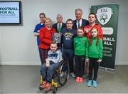 22 August 2017; Pictured are, back row, from left, Harry Walsh from Deen Celtic in Kilkenny, Tánaiste Frances Fitzgerald TD, FAI President Tony Fitzgerald, Derek Fitzpatrick from Deen Celtic in Kilkenny, FAI Chief Executive John Delaney, Keelan, aged 9 and Sarah O'Donoghue, aged 10, from Killarney Celtic in Kerry, Raymond Lyng from Deen Celtic in Kilkenny and James Casserly (bottom), aged 11, from Lucan, Co. Dublin, during the Football For All Strategic Plan Launch at the Marker Hotel in Dublin. Photo by David Fitzgerald/Sportsfile