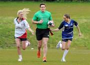 22 May 2012; In attendance at the IMNDA Charity Tag Rugby H-Cup launch are former Munster and Ireland flanker David Wallace with Ulster supporter Claire Moore, left, and Leinster supporter Amanda Ruigrok. Charity Tag Rugby H-Cup Launch, Blackrock College RFC, Stradbrook Road, Blackrock, Dublin. Picture credit: Matt Browne / SPORTSFILE