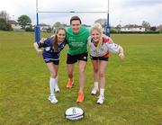 22 May 2012; In attendance at the IMNDA Charity Tag Rugby H-Cup launch are former Munster and Ireland flanker David Wallace with Leinster supporter Amanda Ruigrok, left, and Ulster supporter Claire Moore. Charity Tag Rugby H-Cup Launch, Blackrock College RFC, Stradbrook Road, Blackrock, Dublin. Picture credit: Matt Browne / SPORTSFILE