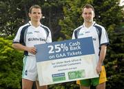 22 May 2012; Ulster Bank, official sponsor of the GAA All-Ireland Football Championship, is offering 25% cash-back on GAA match tickets booked through ufirst and ufirstgold current accounts, saving GAA fans up to €20 for a family of four per match this Summer. Ulster Bank's selection of GAA stars pictured at the launch are Down footballer Danny Hughes, left, and Donegal footballer Karl Lacey. Na Fianna GAA Club, Mobhi Road, Glasnevin, Dublin. Photo by Sportsfile