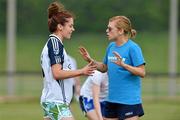 25 May 2012; Kildare's Aisling Holton, left, in conversation with Dublin's Gemma Fay before a training session ahead of the 2012 TG4/O'Neills Ladies Football All-Star Exhibition game on Saturday. 2012 TG4/O'Neills Ladies All-Star Tour, Centennial Park, Toronto, Canada. Picture credit: Brendan Moran / SPORTSFILE
