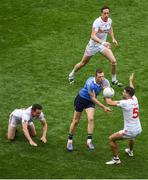 27 August 2017; Dean Rock of Dublin in action against Tyrone players, left to right, Aidan McCrory, Colm Cavanagh, and Tiernan McCann during the GAA Football All-Ireland Senior Championship Semi-Final match between Dublin and Tyrone at Croke Park in Dublin. Photo by Daire Brennan/Sportsfile
