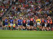 26 August 2017; Members of the Ballintubber GAA Club, Mayo, and Dr Crokes GAA Club, Kerry, during the INTO Cumann na mBunscol GAA Respect Exhibition Go Games at half time during the GAA Football All-Ireland Senior Championship Semi-Final Replay match between Kerry and Mayo at Croke Park in Dublin. Photo by Ray McManus/Sportsfile