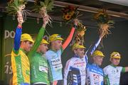 22 May 2012; Jersey wearers, from left, An Post race leader Pirmin Lang, Atlas Jakroo, An Post points leader Gediminas Bagdonas, An Post Sean Kelly team, One Direct stage winners jersey Marcin Bialoblocki, Node4 Girodana, Cuchulainn Crystal best placed county rider Adam Armstrong, Dublin Eurocycles, third on the stage Roy Eefting, Netherlands Koga, and Irish Sports Council U23 leading rider Richard Handley, Rapha Condor Sharp, following the third stage of the 2012 An Post Rás, into Westport, Co. Mayo. Gort - Westport. Picture credit: Diarmuid Greene / SPORTSFILE