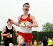 2 June 2012; Shane Fitzsimons, St. Joseph’s Rochfortbridge, crosses the line to win the Senior Boys 1500m event at the Aviva All Ireland Schools’ Track and Field Championships 2012. Tullamore Harriers AC, Tullamore, Co. Offaly. Picture credit: Tomas Greally / SPORTSFILE