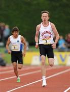 2 June 2012; Sean Lawlor, Kylemore College, Dublin, crosses the line to win the Junior Boys 200m event and set a new record of 23.16, at the Aviva All Ireland Schools’ Track and Field Championships 2012. Tullamore Harriers AC, Tullamore, Co. Offaly. Picture credit: Tomas Greally / SPORTSFILE *