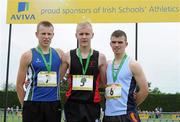 2 June 2012; Gold medal winner Michael Carey, centre, from High School, Clonmel, Co. Tipperary, with second place Robby Rankin, left, from Grosvenor Grammar, School, Co. Down, and third place Danny Mullins, right, from, Colaiste Pobal Bheanntri, Co. Cork, after the Senior Boys 2000m Steplechase at the Aviva All Ireland Schools’ Track and Field Championships 2012. Tullamore Harriers AC, Tullamore, Co. Offaly. Picture credit: Matt Browne / SPORTSFILE