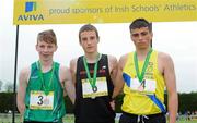 2 June 2012; Gold medal winner Kyle Larkin, centre, from Aedscoil Ris, Co. Limerick, with second place Ryan Blundell, left, from St Mary's, Mullingar, Co. Westmeath, and third place Andrew Coscoran, right, from, St Mary's Drogheda, Co. Louth, after the Intermediate Boys 1500m Steeplechase at the Aviva All Ireland Schools’ Track and Field Championships 2012. Tullamore Harriers AC, Tullamore, Co. Offaly. Picture credit: Matt Browne / SPORTSFILE