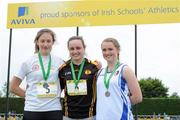 2 June 2012; Gold medal winner Hannah O'Sullivan, centre, from Boherbue Comprehensive School, Mallow, Co. Cork, with second place Kayleigh Cronin, St Brigid's Killarney, Co. Kerry, left, and third place Alice Akers, right, from, Scariff Community College, Co. Clare, after the   Intermediate Girls Discus at the Aviva All Ireland Schools’ Track and Field Championships 2012. Tullamore Harriers AC, Tullamore, Co. Offaly. Picture credit: Matt Browne / SPORTSFILE