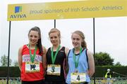 2 June 2012; Gold medal winner Annie Stafford, centre, from Colaiste Bride, Enniscorthy, Co. Wexford, with second place Kate McGowan, left, from Abbey Vocational School, Co. Donegal, and third place Megan Comber, right, from, Maryfield College, Drumcondra, Co. Dublin, after the Intermediate Girls Long Jump at the Aviva All Ireland Schools’ Track and Field Championships 2012. Tullamore Harriers AC, Tullamore, Co. Offaly. Picture credit: Matt Browne / SPORTSFILE