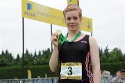 2 June 2012; Gold medal winner Annie Stafford, from Colaiste Bride, Enniscorthy, Co. Wexford, after the   Intermediate Girls Long Jump at the Aviva All Ireland Schools’ Track and Field Championships 2012. Tullamore Harriers AC, Tullamore, Co. Offaly. Picture credit: Matt Browne / SPORTSFILE