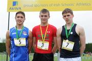 2 June 2012; Gold medal winner Marcus Lawlor, centre, from CBS Carlow, with second place Greg O'Shea, left, from Crescent College, Co. Limerick, and third place Paddy Colhoun, right, from, Methodist College, Belfast, Co. Antrim, after the Senior Boys 100m at the Aviva All Ireland Schools’ Track and Field Championships 2012. Tullamore Harriers AC, Tullamore, Co. Offaly. Picture credit: Matt Browne / SPORTSFILE