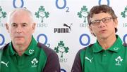 4 June 2012; Ireland team manager Michael Kearney, left, and assistant coach Les Kiss speaking to the media during a press conference ahead of their Steinlager Series 2012 1st test against New Zealand on Saturday 9th June. Ireland Rugby Squad Press Conference, The Spencer on Byron Hotel, Takapuna, Auckland, New Zealand. Picture credit: Ross Setford / SPORTSFILE