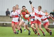 3 September 2017; Aoibhinn Gilmartin of Carlow in action against Katie Holly of Derry during the TG4 Ladies Football All Ireland Junior Championship Semi-Final match between Carlow and Derry at Lannleire in Dunleer, Co Louth. Photo by Matt Browne/Sportsfile