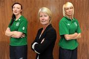 7 June 2012; Republic of Ireland manager Sue Ronan with players Louise Quinn, left, and Stephanie Roche, right, in attendance at the announcment of the Senior Women’s International Squad for the UEFA Women’s Euro 2013 matches against Wales and Scotland on June 16th and 21st in Turners Cross, Cork. Republic of Ireland Senior Women’s International Squad Announcement, FAI Headquarters, Abbotstown, Dublin. Picture credit: Matt Browne / SPORTSFILE