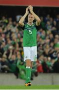 4 September 2017; Jonny Evans of Northern Ireland celebrates after the FIFA World Cup Qualifier Group C match between Northern Ireland and Czech Republic at Windsor Park in Belfast. Photo by Oliver McVeigh/Sportsfile