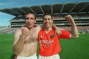 1 September 2002; Armagh players Diarmuid Marsden, right, and Enda McNulty celebrate their victory in the Bank of Ireland All-Ireland Senior Football Championship Semi-Final match between Armagh and Dublin at Croke Park in Dublin. Photo by Ray McManus/Sportsfile