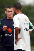 3 September 2002; Shay Given, left, speaks with Phil Babb, both of whom did not take part in a Republic of Ireland training session at the AUL Complex in Clonshaugh, Dublin. Photo by Damien Eagers/Sportsfile