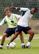 3 September 2002; Clinton Morrison, right, and Jason McAteer during a Republic of Ireland training session at the AUL Complex in Clonshaugh, Dublin. Photo by Damien Eagers/Sportsfile