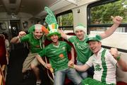 14 June 2012; Republic of Ireland supporters, from left to right, Tom Breen, John Dolan, John Feeihley, and Brian Kinsella, all from Sligo, on the train, from Sopot to Gdansk, to the game. EURO2012, Group C, Republic of Ireland v Spain, Arena Gdansk, Gdansk, Poland. Picture credit: David Maher / SPORTSFILE