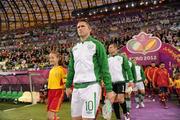 14 June 2012; Republic of Ireland captain leads his side out for the start of the game. EURO2012, Group C, Spain v Republic of Ireland, Arena Gdansk, Gdansk, Poland. Picture credit: Pat Murphy / SPORTSFILE