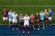 6 September 2017; Cork Constitution captain Niall Kenneally, centre, pictured with, from left, Ben Reilly of Clontarf, JP Phelan of Garryowen, Michael Courtney of Trinity Rugby, Robbie Smyth of Terenure College, Ian Prendiville of Lansdowne, Alan Gaughan of Buccaneers, Sean McNulty of UCD, Ben Kilkenny of Young Munster, and Ciaran Ruddock of St Mary's College, in attendance during the Ulster Bank League 2017/18 Season Launch at Old Wesley RFC, Donnybrook, in Dublin. Photo by Seb Daly/Sportsfile