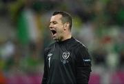 14 June 2012; Republic of Ireland goalkeeper Shay Given reacts after Spain's Cesc Fàbregas scored his side's fourth goal after eighty three minutes. EURO2012, Group C, Spain v Republic of Ireland, Arena Gdansk, Gdansk, Poland. Picture credit: David Maher / SPORTSFILE