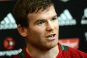 15 June 2012; Ireland Gordon D'Arcy speaking to the media during a press conference ahead of their Steinlager Series 2012, 2nd test, game against New Zealand on Saturday. Ireland Rugby Squad Press Conference, AMI Stadium, Christchurch, New Zealand. Picture credit: Dianne Manson / SPORTSFILE