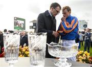 10 September 2017; Ryan Moore in conversation with trainer Aidan O'Brien after winning the Comer Group International Irish St Leger on Order of St George during the Longines Irish Champions Weekend 2017 at The Curragh Racecourse in Co Kildare. Photo by Cody Glenn/Sportsfile