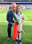 17 September 2017; eir flagbearer Sarah McCluskey, age 10, from Mayo, with David Brady prior to the GAA Football All-Ireland Senior Championship Final match between Dublin and Mayo at Croke Park in Dublin. Photo by Brendan Moran/Sportsfile