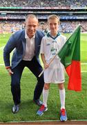 17 September 2017; eir flagbearer Robert O'Connell, age 10, from Mayo, with David Brady prior to the GAA Football All-Ireland Senior Championship Final match between Dublin and Mayo at Croke Park in Dublin. Photo by Brendan Moran/Sportsfile