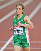 1 July 2012; Ireland's Fionnuala Britton reacts as she crosses the finish line in the Women's 10000m Final where she finished 4th in a time of 32:05.54sec. European Athletics Championship, Day 5, Olympic Stadium, Helsinki, Finland. Picture credit: Brendan Moran / SPORTSFILE