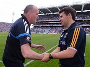 1 July 2012; Dublin manager Pat Gilroy, left, shakes hands with Wexford manager Jason Ryan at the end of the game. Leinster GAA Football Senior Championship Semi-Final, Dublin v Wexford, Croke Park, Dublin. Picture credit: David Maher / SPORTSFILE