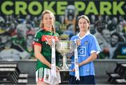 19 September 2017; The LGFA joined TG4 to call on all Proper Fans to come to Croke Park on Sunday for the TG4 The TG4 Ladies All Ireland Football Finals. Tickets are available now on www.tickets.ie or from usual GAA outlets. The action will begin at 11:45pm when Derry and Fermanagh contest the TG4 Junior All Ireland Final, this will be followed by the meeting of Tipperary and Tyrone at 1:45pm and then Dublin and Mayo will contest the TG4 Senior Championship Final at 4:00pm with the Brendan Martin Cup at stake. Pictured at the media day are Mayo's Sarah Tierney and Dublin's Sinead Aherne. Photo by Ramsey Cardy/Sportsfile