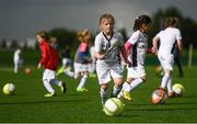 14 September 2017; Emma Maher, age 8, from Laois, during the Aviva Soccer Sisters Golden Camp. Forty girls from the Aviva ‘Soccer Sisters’ initiative were given the opportunity of a lifetime, as they took part in a special training session alongside several members of the Republic of Ireland women’s senior team. The girls were selected from over 4,000 budding footballers between the ages of seven and 12 to take part in the special session at the FAI National Training Centre, as part of the 2017 Aviva Soccer Sisters Golden Camp. The Camp saw the girls sit in on a full Irish team training session, before taking to the field with the team ahead of next Tuesday’s FIFA World Cup Qualifier against Northern Ireland. The Aviva Soccer Sisters programme has been running since 2010 and is aimed at engaging young girls in physical exercise and attracting them to the game of football. Over 30,000 girls have taken part in the programme since it first kicked off, including Roma McLaughlin who is part of Colin Bell’s line-up for next week’s qualifier.  For further information on Aviva Soccer Sisters, visit: www.aviva.ie/soccersisters  #AvivaSoccerSisters. FAI National Training Centre, Abbotstown, Dublin. Photo by Stephen McCarthy/Sportsfile