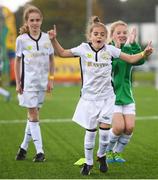 14 September 2017; Aoife Sheridan, age 9, from Dublin, during the Aviva Soccer Sisters Golden Camp. Forty girls from the Aviva ‘Soccer Sisters’ initiative were given the opportunity of a lifetime, as they took part in a special training session alongside several members of the Republic of Ireland women’s senior team. The girls were selected from over 4,000 budding footballers between the ages of seven and 12 to take part in the special session at the FAI National Training Centre, as part of the 2017 Aviva Soccer Sisters Golden Camp. The Camp saw the girls sit in on a full Irish team training session, before taking to the field with the team ahead of next Tuesday’s FIFA World Cup Qualifier against Northern Ireland. The Aviva Soccer Sisters programme has been running since 2010 and is aimed at engaging young girls in physical exercise and attracting them to the game of football. Over 30,000 girls have taken part in the programme since it first kicked off, including Roma McLaughlin who is part of Colin Bell’s line-up for next week’s qualifier.  For further information on Aviva Soccer Sisters, visit: www.aviva.ie/soccersisters  #AvivaSoccerSisters. FAI National Training Centre, Abbotstown, Dublin. Photo by Stephen McCarthy/Sportsfile