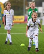 14 September 2017; Aoife Sheridan, age 9, from Dublin, during the Aviva Soccer Sisters Golden Camp. Forty girls from the Aviva ‘Soccer Sisters’ initiative were given the opportunity of a lifetime, as they took part in a special training session alongside several members of the Republic of Ireland women’s senior team. The girls were selected from over 4,000 budding footballers between the ages of seven and 12 to take part in the special session at the FAI National Training Centre, as part of the 2017 Aviva Soccer Sisters Golden Camp. The Camp saw the girls sit in on a full Irish team training session, before taking to the field with the team ahead of next Tuesday’s FIFA World Cup Qualifier against Northern Ireland. The Aviva Soccer Sisters programme has been running since 2010 and is aimed at engaging young girls in physical exercise and attracting them to the game of football. Over 30,000 girls have taken part in the programme since it first kicked off, including Roma McLaughlin who is part of Colin Bell’s line-up for next week’s qualifier.  For further information on Aviva Soccer Sisters, visit: www.aviva.ie/soccersisters  #AvivaSoccerSisters. FAI National Training Centre, Abbotstown, Dublin. Photo by Stephen McCarthy/Sportsfile