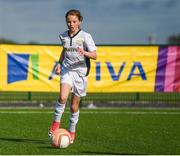 14 September 2017; Briana O'Donnell, age 11, of Mayflower Centre and Astro, Leitrim, during the Aviva Soccer Sisters Golden Camp. Forty girls from the Aviva ‘Soccer Sisters’ initiative were given the opportunity of a lifetime, as they took part in a special training session alongside several members of the Republic of Ireland women’s senior team. The girls were selected from over 4,000 budding footballers between the ages of seven and 12 to take part in the special session at the FAI National Training Centre, as part of the 2017 Aviva Soccer Sisters Golden Camp. The Camp saw the girls sit in on a full Irish team training session, before taking to the field with the team ahead of next Tuesday’s FIFA World Cup Qualifier against Northern Ireland. The Aviva Soccer Sisters programme has been running since 2010 and is aimed at engaging young girls in physical exercise and attracting them to the game of football. Over 30,000 girls have taken part in the programme since it first kicked off, including Roma McLaughlin who is part of Colin Bell’s line-up for next week’s qualifier.  For further information on Aviva Soccer Sisters, visit: www.aviva.ie/soccersisters  #AvivaSoccerSisters. FAI National Training Centre, Abbotstown, Dublin. Photo by Stephen McCarthy/Sportsfile