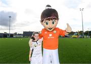 14 September 2017; Sadhbh Simpson, age 9, of Newbridge Town FC, Kildare, with Aviva Soccer Sisters mascot Cara during the Aviva Soccer Sisters Golden Camp. Forty girls from the Aviva ‘Soccer Sisters’ initiative were given the opportunity of a lifetime, as they took part in a special training session alongside several members of the Republic of Ireland women’s senior team. The girls were selected from over 4,000 budding footballers between the ages of seven and 12 to take part in the special session at the FAI National Training Centre, as part of the 2017 Aviva Soccer Sisters Golden Camp. The Camp saw the girls sit in on a full Irish team training session, before taking to the field with the team ahead of next Tuesday’s FIFA World Cup Qualifier against Northern Ireland. The Aviva Soccer Sisters programme has been running since 2010 and is aimed at engaging young girls in physical exercise and attracting them to the game of football. Over 30,000 girls have taken part in the programme since it first kicked off, including Roma McLaughlin who is part of Colin Bell’s line-up for next week’s qualifier.  For further information on Aviva Soccer Sisters, visit: www.aviva.ie/soccersisters  #AvivaSoccerSisters. FAI National Training Centre, Abbotstown, Dublin. Photo by Stephen McCarthy/Sportsfile