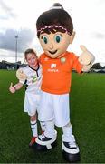 14 September 2017; Aoibheann Rankin, age 11, of All Blacks AFC, Wexford, with Aviva Soccer Sisters mascot Cara during the Aviva Soccer Sisters Golden Camp. Forty girls from the Aviva ‘Soccer Sisters’ initiative were given the opportunity of a lifetime, as they took part in a special training session alongside several members of the Republic of Ireland women’s senior team. The girls were selected from over 4,000 budding footballers between the ages of seven and 12 to take part in the special session at the FAI National Training Centre, as part of the 2017 Aviva Soccer Sisters Golden Camp. The Camp saw the girls sit in on a full Irish team training session, before taking to the field with the team ahead of next Tuesday’s FIFA World Cup Qualifier against Northern Ireland. The Aviva Soccer Sisters programme has been running since 2010 and is aimed at engaging young girls in physical exercise and attracting them to the game of football. Over 30,000 girls have taken part in the programme since it first kicked off, including Roma McLaughlin who is part of Colin Bell’s line-up for next week’s qualifier.  For further information on Aviva Soccer Sisters, visit: www.aviva.ie/soccersisters  #AvivaSoccerSisters. FAI National Training Centre, Abbotstown, Dublin. Photo by Stephen McCarthy/Sportsfile