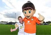 14 September 2017; Aoibheann Rankin, age 11, of All Blacks AFC, Wexford, with Aviva Soccer Sisters mascot Cara during the Aviva Soccer Sisters Golden Camp. Forty girls from the Aviva ‘Soccer Sisters’ initiative were given the opportunity of a lifetime, as they took part in a special training session alongside several members of the Republic of Ireland women’s senior team. The girls were selected from over 4,000 budding footballers between the ages of seven and 12 to take part in the special session at the FAI National Training Centre, as part of the 2017 Aviva Soccer Sisters Golden Camp. The Camp saw the girls sit in on a full Irish team training session, before taking to the field with the team ahead of next Tuesday’s FIFA World Cup Qualifier against Northern Ireland. The Aviva Soccer Sisters programme has been running since 2010 and is aimed at engaging young girls in physical exercise and attracting them to the game of football. Over 30,000 girls have taken part in the programme since it first kicked off, including Roma McLaughlin who is part of Colin Bell’s line-up for next week’s qualifier.  For further information on Aviva Soccer Sisters, visit: www.aviva.ie/soccersisters  #AvivaSoccerSisters. FAI National Training Centre, Abbotstown, Dublin. Photo by Stephen McCarthy/Sportsfile