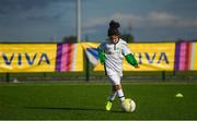 14 September 2017; Angelina Furey, age 10, from Galway, during the Aviva Soccer Sisters Golden Camp. Forty girls from the Aviva ‘Soccer Sisters’ initiative were given the opportunity of a lifetime, as they took part in a special training session alongside several members of the Republic of Ireland women’s senior team. The girls were selected from over 4,000 budding footballers between the ages of seven and 12 to take part in the special session at the FAI National Training Centre, as part of the 2017 Aviva Soccer Sisters Golden Camp. The Camp saw the girls sit in on a full Irish team training session, before taking to the field with the team ahead of next Tuesday’s FIFA World Cup Qualifier against Northern Ireland. The Aviva Soccer Sisters programme has been running since 2010 and is aimed at engaging young girls in physical exercise and attracting them to the game of football. Over 30,000 girls have taken part in the programme since it first kicked off, including Roma McLaughlin who is part of Colin Bell’s line-up for next week’s qualifier.  For further information on Aviva Soccer Sisters, visit: www.aviva.ie/soccersisters  #AvivaSoccerSisters. FAI National Training Centre, Abbotstown, Dublin. Photo by Stephen McCarthy/Sportsfile