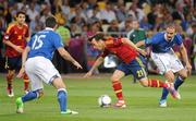 1 July 2012; David Silva, Spain, in action against Andrea Barzagli, left, and Leonardo Bonucci, Italy. UEFA EURO 2012 Final, Spain v Italy, Olympic Stadium, Kyiv, Ukraine. Picture credit: Pat Murphy / SPORTSFILE