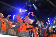 3 July 2012; Groupama skipper Franck Cammas celebrates with his crew after winning the 2011/12 Volvo Ocean Race following their 2nd place finish in Leg 9 of the Volvo Ocean Race, Lorient to Galway. Picture credit: Tommy Grealy / SPORTSFILE