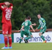 7 July 2012; Jason Byrne, right, Bray Wanderers, celebrates after scoring his side's first goal with team-mate's John Mulroy, no.18 and Adam Hanlon. Airtricity League Premier Division, Sligo Rovers v Bray Wanderers, Showgrounds, Sligo. Picture credit: David Maher / SPORTSFILE