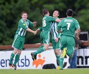 7 July 2012; Jason Byrne, second from right, Bray Wanderers, celebrates after scoring his side's first goal with team-mates John Mulroy, no.18, Adam Hanlon and no.7, Kevin O'Connor. Airtricity League Premier Division, Sligo Rovers v Bray Wanderers, Showgrounds, Sligo. Picture credit: David Maher / SPORTSFILE