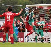 7 July 2012; John Mulroy,, Bray Wanderers, clears the ball off the foot of Danny Ventre, Sligo Rovers, during the last of action of the game. Airtricity League Premier Division, Sligo Rovers v Bray Wanderers, Showgrounds, Sligo. Picture credit: David Maher / SPORTSFILE