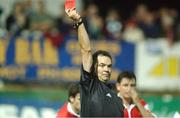 27 September 2002; Referee Jim O'Neill sends off Luke Dimech of Shamrock Rovers during the eircom League Premier Division match between St. Patrick's Athletic and Shamrock Rovers at Richmond Park in Dublin. Photo by Damien Eagers/Sportsfile