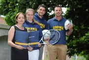 11 July 2012; Lori Johnston, Head of Undergraduate Programmes at Hibernia College, left, with from left, Sinéad Lohan, Irish international under-18 tennis player, Bernard Brogan, Dublin Gaelic footballer, and Tommy Bowe, Irish international, Ulster, and Lions rugby player, in attendance at the launch of Hibernia College’s new suite of undergraduate programmes and sports scholarships. The new programmes will allow participants to study for University of London undergraduate degrees through Hibernia College’s blend of online learning and regional onsite delivery. Merrion Square, Dublin. Picture credit: Brian Lawless / SPORTSFILE