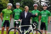 14 July 2012; An Taoiseach Enda Kenny T.D. converses with riders from the Stena Line Ireland national team at the start of Stage 5 of the 2012 Junior Tour of Ireland, Castlebar - Castlebar, Co. Mayo. Picture credit: Stephen McMahon / SPORTSFILE